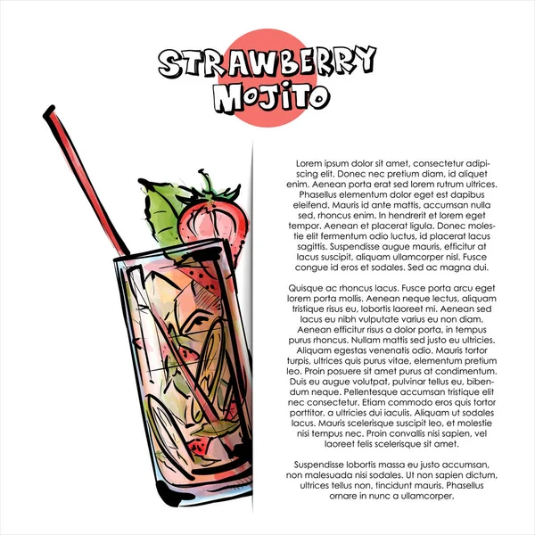 Hand Getekende Illustratie Van Aardbei Mojito Cocktail Poster Schets Stijl — Stockvector