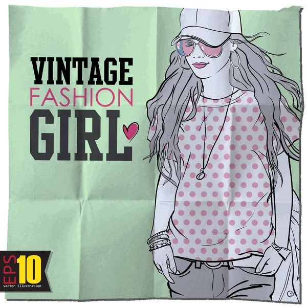 Chica Atractiva Fondo Grunge Moda Vintage Ilustración Vectorial — Vector de stock