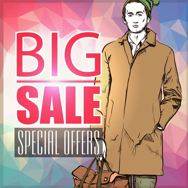 Big Sale Banner Stylish Young Man Vector Illustration — Stock Vector