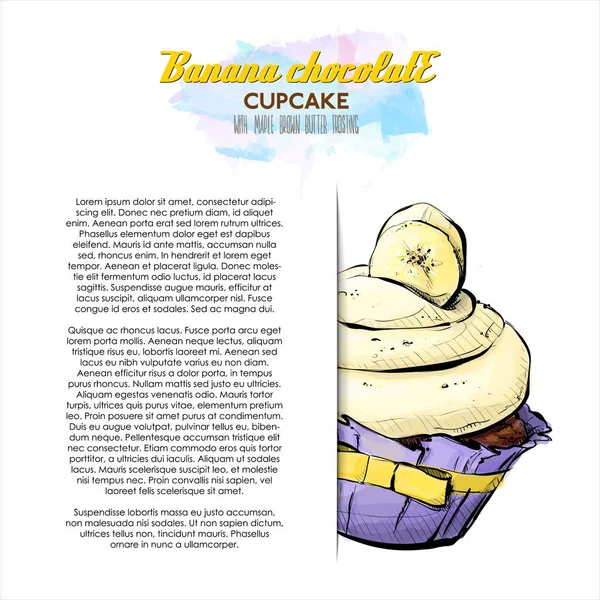 Ręcznie Rysowane Ilustracji Banana Czekolada Cupcake Plakat Styl Szkicu Ilustracja — Wektor stockowy