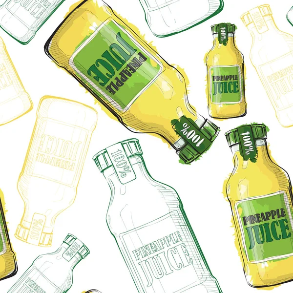 Patrón Dibujado Mano Con Botellas Jugo Piña Ilustración Vectorial — Vector de stock