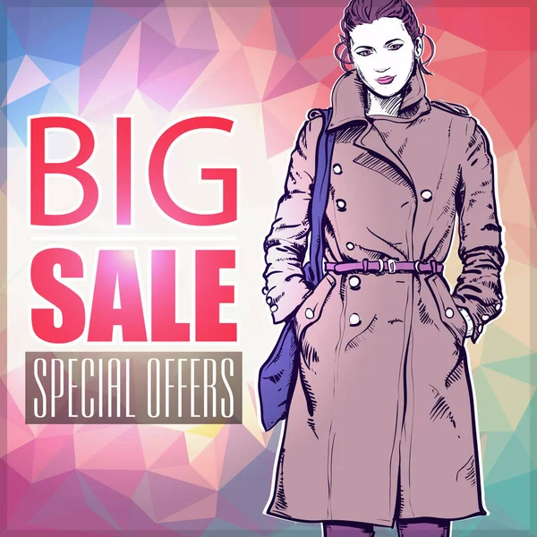 Big Sale Banner Trendy Girl Vector Illustration Special Offers — Stock Vector
