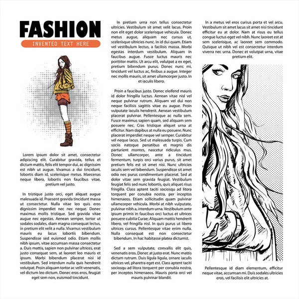 Cartaz com menina na moda em estilo esboço e texto. Colecção vetorial — Vetor de Stock