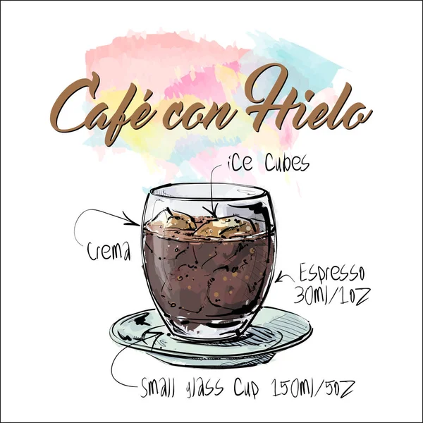 Handgezeichnetes Plakat Mit Text Cafe Con Hielo Und Kaffee Vektorillustration — Stockvektor