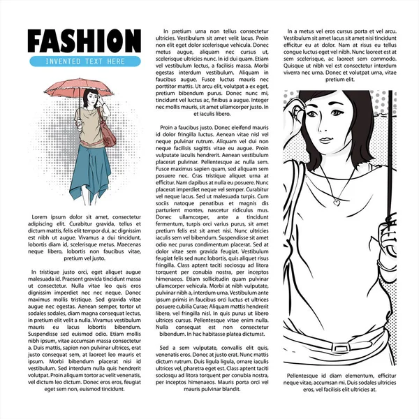 Cartel con chica de moda en estilo de boceto y texto. Vector Colectivo — Archivo Imágenes Vectoriales