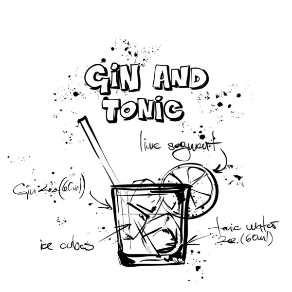 Hand drawn illustration of cocktail. GIN & TONIC. Vector collect — Stock Vector