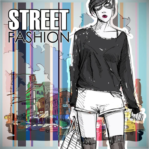 Carino giovane ragazza di moda su uno sfondo strada.Illustri vettoriali — Vettoriale Stock