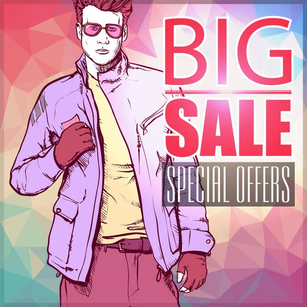 Big Sale Banner Stylish Young Man Vector Illustration — Stock Vector