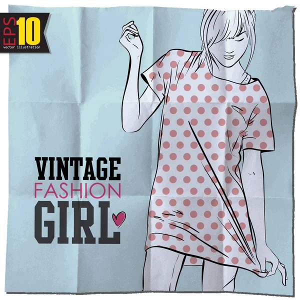 Grunge Arka Planda Çekici Şık Genç Kadın Vintage Moda Vektör — Stok Vektör