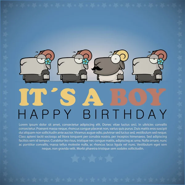 Funny happy birthday greeting card with cute cartoon sheep. — Stock Vector
