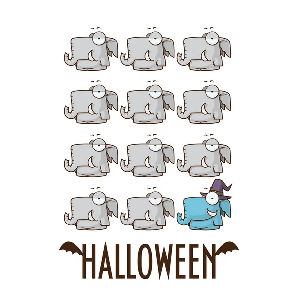 Halloween Cartão Saudação Com Elefantes Desenhos Animados Ilustração Vetorial — Vetor de Stock