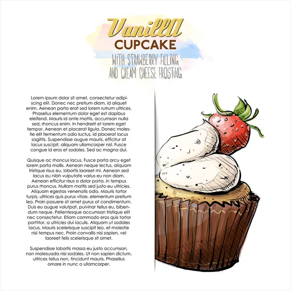 Handritad Illustration Vaniljjordgubbs Cupcake Affisch Skiss Stil Vektor Illustration — Stock vektor