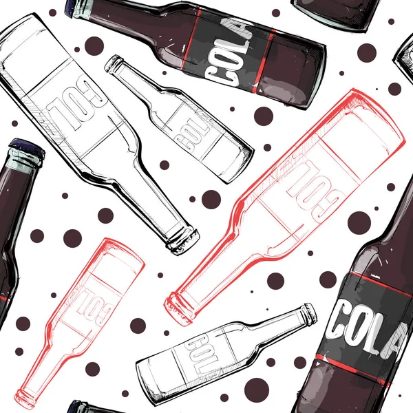 Hand Getekende Patroon Met Flessen Cola Vector Illustratie — Stockvector