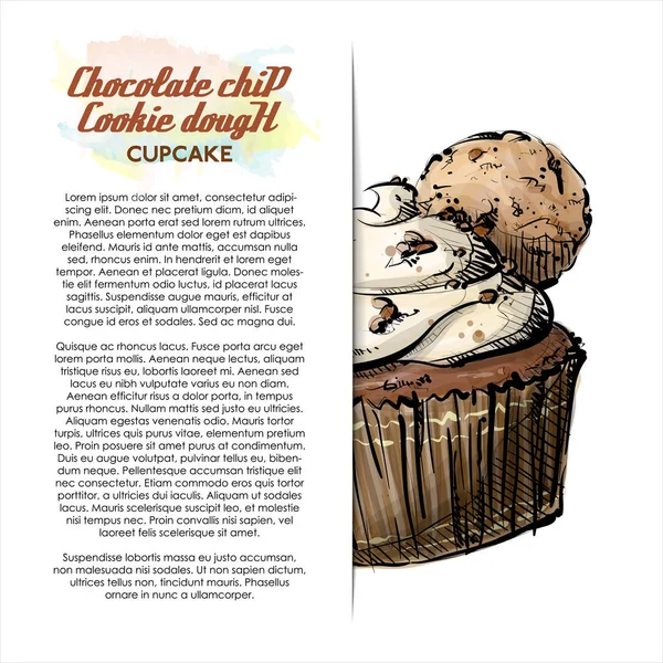 Handritade Illustration Chocolate Chip Cookie Cupcake Affisch Skiss Stil Vektor — Stock vektor