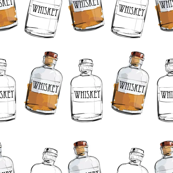 Handgezeichnetes Muster Mit Flaschen Whiskey Vektorillustration — Stockvektor