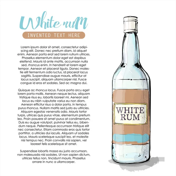 Beyaz rom şişesinin el çekimi. Vektör çizimi.