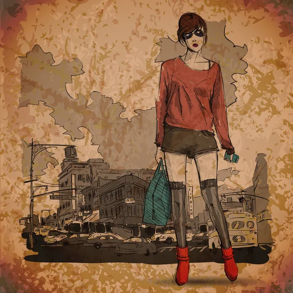 Linda chica de la moda joven en un fondo de la calle.Vector illustrati — Vector de stock