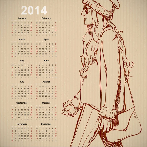 Em 2014. Calendário com menina da moda . — Vetor de Stock