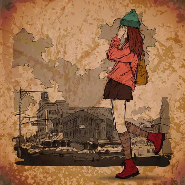 Bir sokak arka planda sevimli genç moda kız. Elle çizilmiş vekto — Stok Vektör