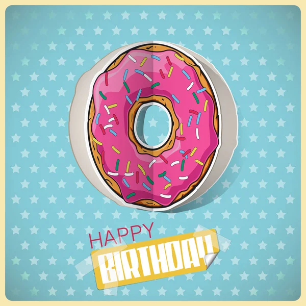 Birthday greeting card with cartoon donut cut out from paper. Ve — Stock Vector