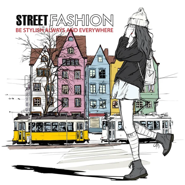 Vector illustration of a pretty fashion girl and old tram. — Stock Vector