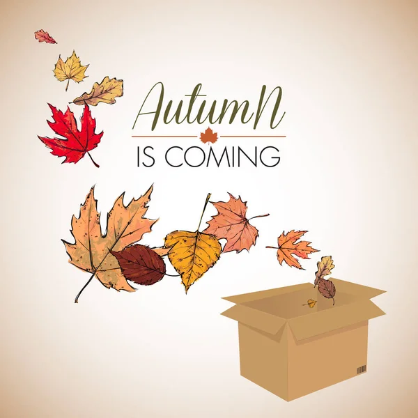 Otoño Viene Ilustración Vectorial Caja Hojas — Vector de stock