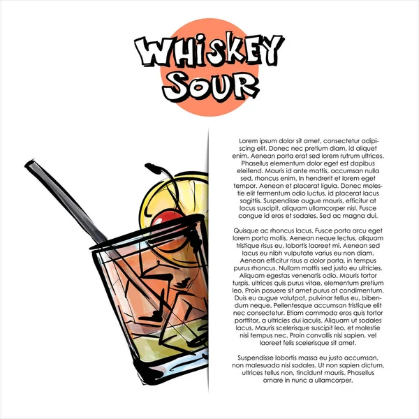 Ručně Vykreslené Ilustrace Whisky Kyselým Koktejlem Plakát Styl Náčrt Vektorová — Stockový vektor