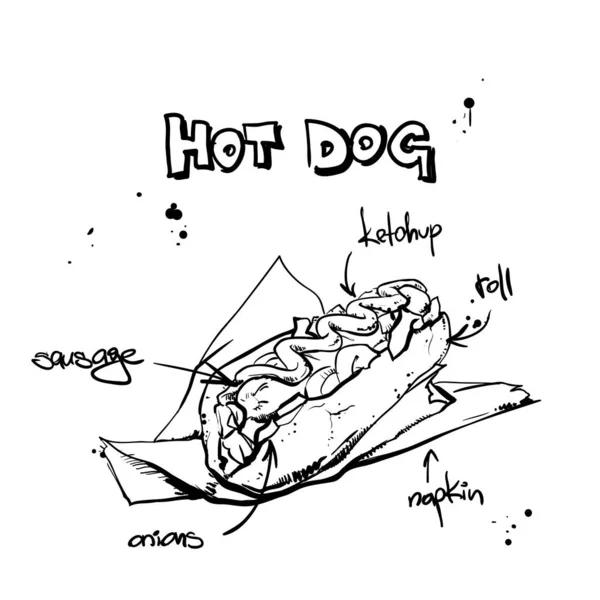 Cool sabroso perrito caliente. Estilo de boceto. Ilustración vectorial . — Archivo Imágenes Vectoriales
