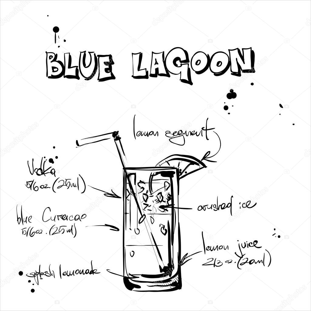 Hand drawn illustration of cocktail. BLUE LAGOON. Vector collect