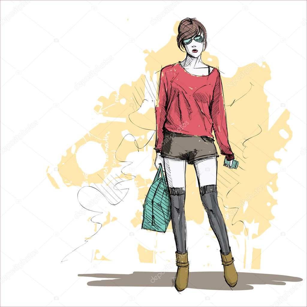 Cute young fashion girl on a street background.Vector illustrati