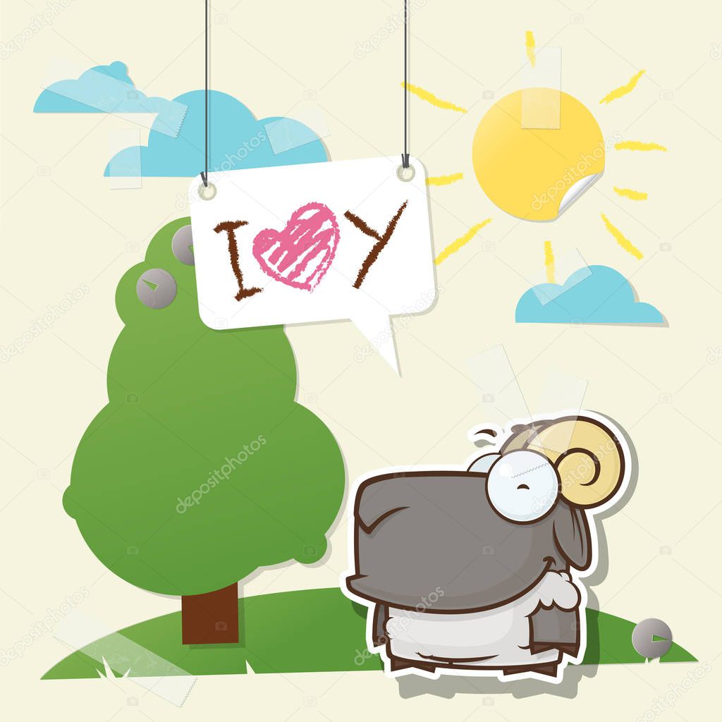 Cute collage from paper with funny sheep. Vector illustration.