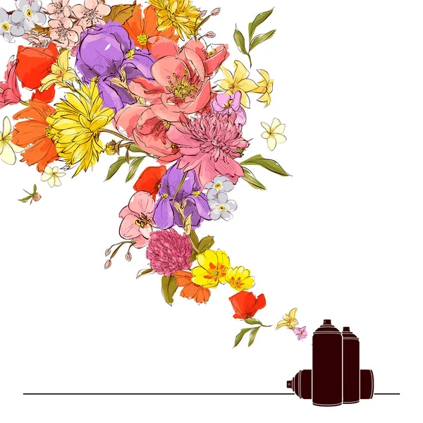 Ilustración vectorial abstracta de lata de spray y flores . — Vector de stock