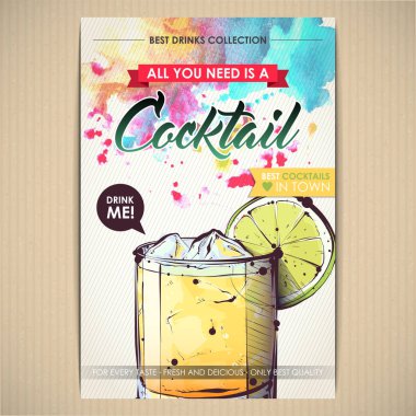 Kokteyl posteri. Suluboya + çizim stili.