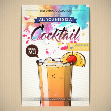 Kokteyl posteri. Suluboya + çizim stili.