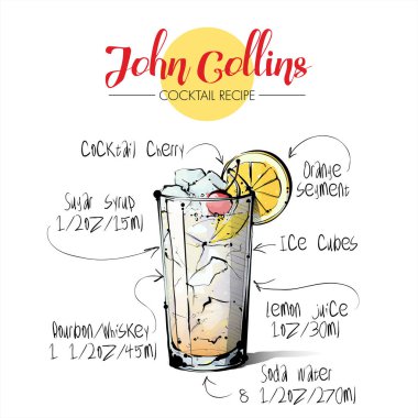 Kokteyl John Collins el çizilmiş illüstrasyon. Vektör toplama