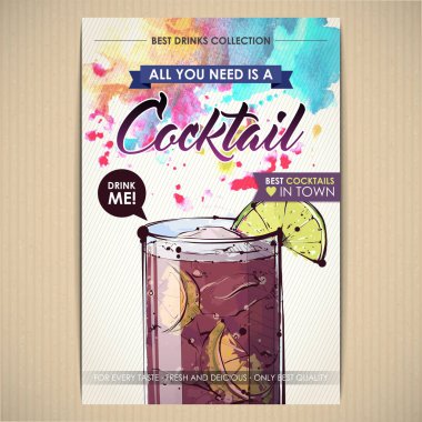 Kokteyl posteri. Suluboya + çizim stili.
