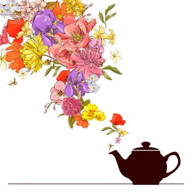 Çaydanlık ve çiçek soyut vektör illüstrasyon.