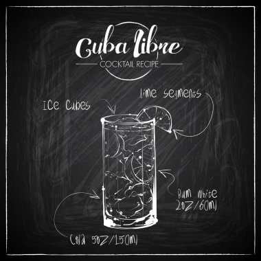 Bir tebeşir tahtası arka plan üzerinde el çizilmiş kokteyl illüstrasyon. Vektör toplama.