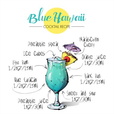 Kokteyl Blue Hawaii el çizilmiş illüstrasyon. Vektör collecti
