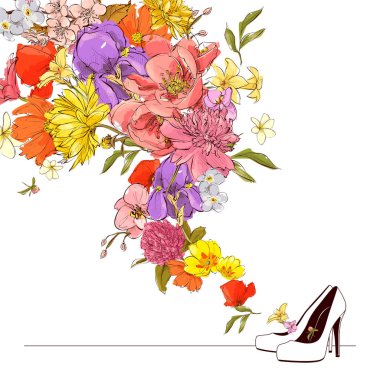 Ayakkabı ve çiçeklerin soyut vektör illüstrasyonu.