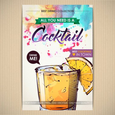 Kokteyl posteri. Suluboya + çizim stili.
