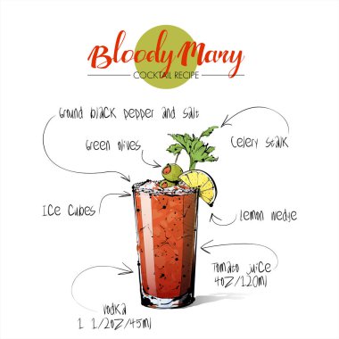 Kokteyl Bloody Mary el çizilmiş illüstrasyon. Vektör collecti