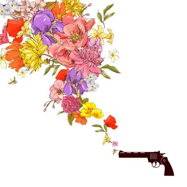 Revolver ve çiçeklerin soyut vektör illüstrasyonu.