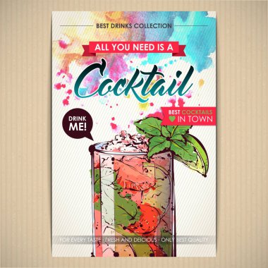 Kokteyl posteri. Suluboya + çizim stili.