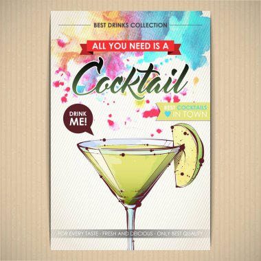 Kokteyl posteri. Suluboya + çizim stili.