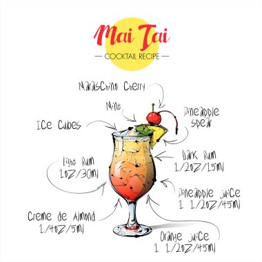 Kokteyl Mai tai el çizilmiş illüstrasyon. Vektör toplama.