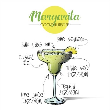 Elle çizilmiş kokteyl Margarita Illustration. Vektör toplama