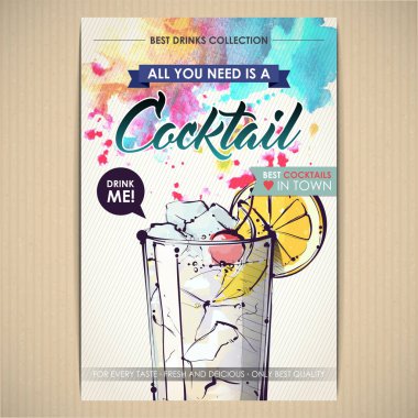 Kokteyl posteri. Suluboya + çizim stili.
