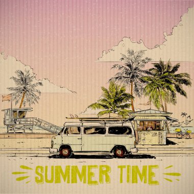 Yaz sahil geçidi. Vektör kartı. Çizim stili.