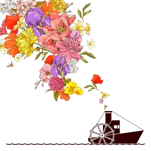 Abstrakte Vektorillustration von Dampfschiff und Blumen. — Stockvektor